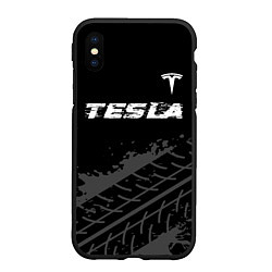 Чехол iPhone XS Max матовый Tesla speed на темном фоне со следами шин посереди