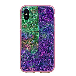 Чехол iPhone XS Max матовый Вьющийся узор фиолетовый и зелёный, цвет: 3D-розовый