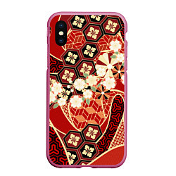 Чехол iPhone XS Max матовый Японские хризантемы с сакурой, цвет: 3D-малиновый