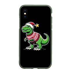 Чехол iPhone XS Max матовый Динозавр в рождественнском свитере, цвет: 3D-темно-зеленый