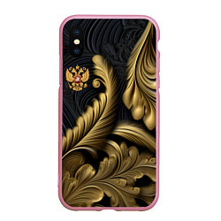 Чехол iPhone XS Max матовый Золотой узор и герб России, цвет: 3D-розовый