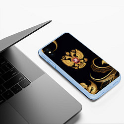 Чехол iPhone XS Max матовый Золотой герб России и объемные листья, цвет: 3D-голубой — фото 2