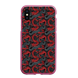 Чехол iPhone XS Max матовый Красные драконы на сером фоне, цвет: 3D-малиновый