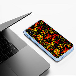 Чехол iPhone XS Max матовый Хохломская роспись золотистые листья чёрном фоне, цвет: 3D-голубой — фото 2