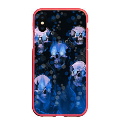 Чехол iPhone XS Max матовый Синие черепа на чёрном фоне, цвет: 3D-красный
