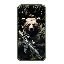 Чехол iPhone XS Max матовый Медведь солдат с винтовкой, цвет: 3D-темно-зеленый
