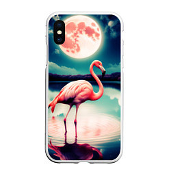 Чехол iPhone XS Max матовый Розовый фламинго на фоне луны, цвет: 3D-белый