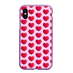 Чехол iPhone XS Max матовый Красные сердца на розовом фоне, цвет: 3D-фиолетовый