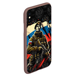 Чехол iPhone XS Max матовый Русский солдат на фоне флага России, цвет: 3D-коричневый — фото 2