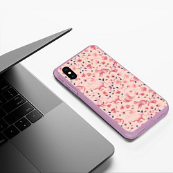 Чехол iPhone XS Max матовый Розовый паттерн с цветами и котиками, цвет: 3D-сиреневый — фото 2