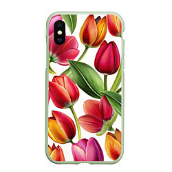Чехол iPhone XS Max матовый Паттерн с тюльпанами, цвет: 3D-салатовый