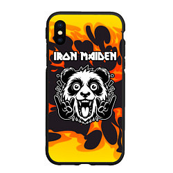 Чехол iPhone XS Max матовый Iron Maiden рок панда и огонь, цвет: 3D-черный