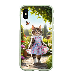 Чехол iPhone XS Max матовый Кошка в летнем платье в саду, цвет: 3D-салатовый