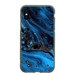 Чехол iPhone XS Max матовый Черные и синие сияющие волны, цвет: 3D-темно-зеленый