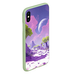 Чехол iPhone XS Max матовый Фиолетовые горы зеленые деревья и космос, цвет: 3D-салатовый — фото 2