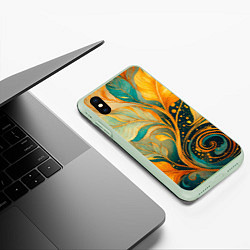 Чехол iPhone XS Max матовый Золотые и бирюзовые листья абстракция, цвет: 3D-салатовый — фото 2