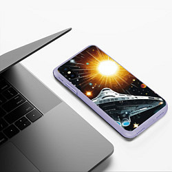 Чехол iPhone XS Max матовый Космолёт в неоновом космосе - нейросеть, цвет: 3D-светло-сиреневый — фото 2
