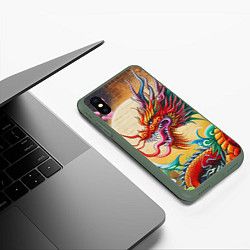 Чехол iPhone XS Max матовый Дракон на фоне солнца и сакуры - граффити, цвет: 3D-темно-зеленый — фото 2