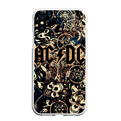 Чехол iPhone XS Max матовый AC DC на фоне викингов рун воронов и черепов, цвет: 3D-белый