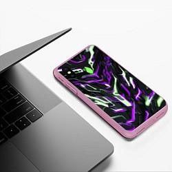 Чехол iPhone XS Max матовый Фиолетово-белые абстрактные линии на чёрном фоне, цвет: 3D-розовый — фото 2