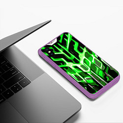 Чехол iPhone XS Max матовый Абстрактные зелёные линии на чёрном фоне, цвет: 3D-фиолетовый — фото 2