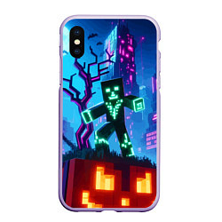 Чехол iPhone XS Max матовый Minecraft and halloween - neon glow, цвет: 3D-светло-сиреневый