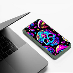 Чехол iPhone XS Max матовый Мексиканский череп и мухомор - неоновое свечение, цвет: 3D-темно-зеленый — фото 2