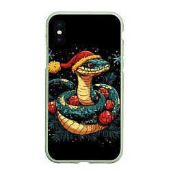 Чехол iPhone XS Max матовый Змея в шапке - Новый год, цвет: 3D-салатовый