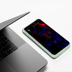 Чехол iPhone XS Max матовый Красно-синие точки и линии на чёрном фоне, цвет: 3D-салатовый — фото 2