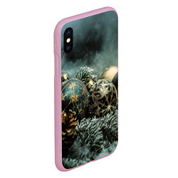 Чехол iPhone XS Max матовый Золотые и зеленые елочные шары, цвет: 3D-розовый — фото 2