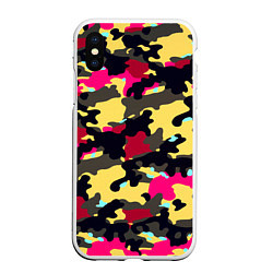 Чехол iPhone XS Max матовый Камуфляж: желтый/черный/розовый, цвет: 3D-белый