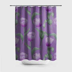 Шторка для душа Фиолетовые тюльпаны с зелеными листьями, цвет: 3D-принт
