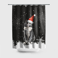 Шторка для душа Новогодний Черный кот в кружке, цвет: 3D-принт