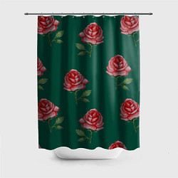Шторка для душа Ярко красные розы на темно-зеленом фоне, цвет: 3D-принт