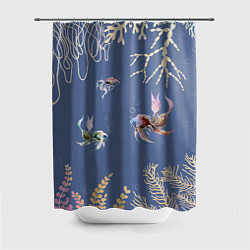 Шторка для душа Разноцветные акварельные рыбки с морскими водоросл, цвет: 3D-принт