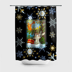 Шторка для душа Новый год зайчик играет на барабане, цвет: 3D-принт