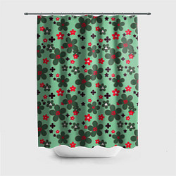 Шторка для душа Красно-зеленый цветочный узор ретро, цвет: 3D-принт