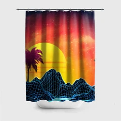 Шторка для душа Тропический остров на закате ретро иллюстрация, цвет: 3D-принт
