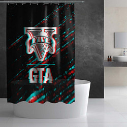 Шторка для душа GTA в стиле glitch и баги графики на темном фоне, цвет: 3D-принт — фото 2
