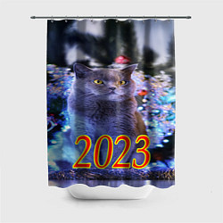 Шторка для душа Дымчатый кот и елка, цвет: 3D-принт