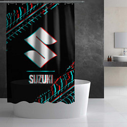 Шторка для душа Значок Suzuki в стиле glitch на темном фоне, цвет: 3D-принт — фото 2