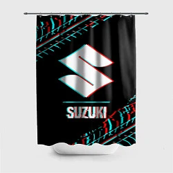 Шторка для душа Значок Suzuki в стиле glitch на темном фоне, цвет: 3D-принт