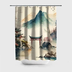Шторка для душа Японский пейзаж - акварель, цвет: 3D-принт