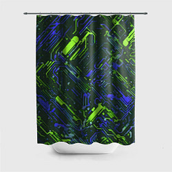 Шторка для душа Киберпанк линии зелёные и синие, цвет: 3D-принт