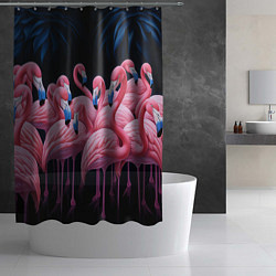 Шторка для душа Стая розовых фламинго в темноте, цвет: 3D-принт — фото 2