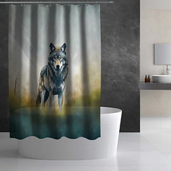 Шторка для душа Минималистичный пейзаж с волком акварель, цвет: 3D-принт — фото 2