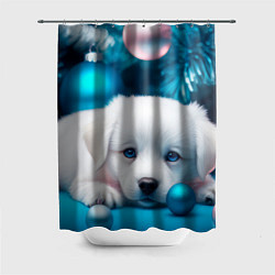 Шторка для душа Белый щенок с розовыми и голубыми шариками, цвет: 3D-принт
