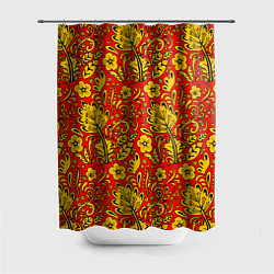 Шторка для душа Хохломская роспись золотистые цветы на красном фон, цвет: 3D-принт