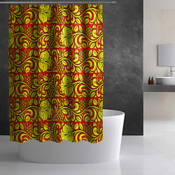 Шторка для душа Хохломская роспись золотистые цветы и ягоды на кра, цвет: 3D-принт — фото 2