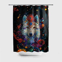 Шторка для душа Белый волк с цветами акварелью, цвет: 3D-принт
